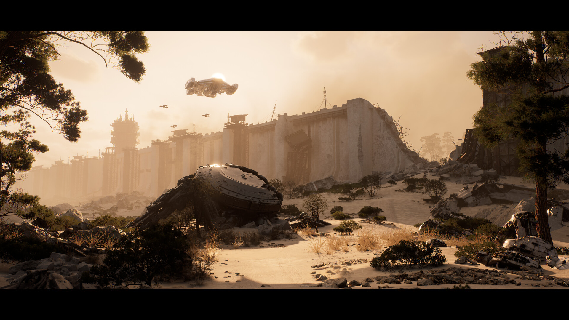 Flying machines patrol a ruined wall above wreckage in a sunlit post-apocalyptic landscape from Survival Code: Rebirth